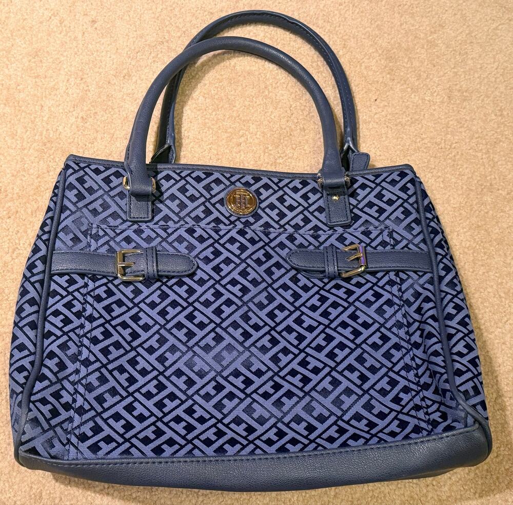 Tommy Hilfiger Blue Monogram Jacquard Satchel Tote Handbag Purse Gold Logo